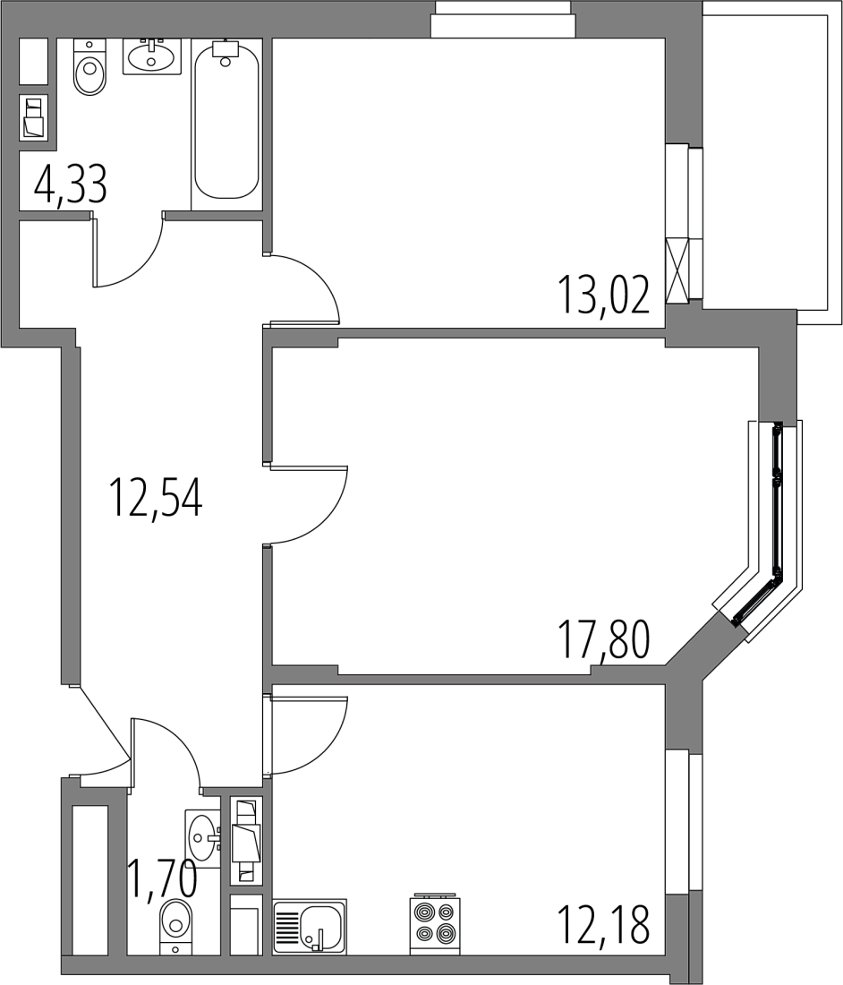 Планировка: 2-комнатная квартира, 63,7 м²