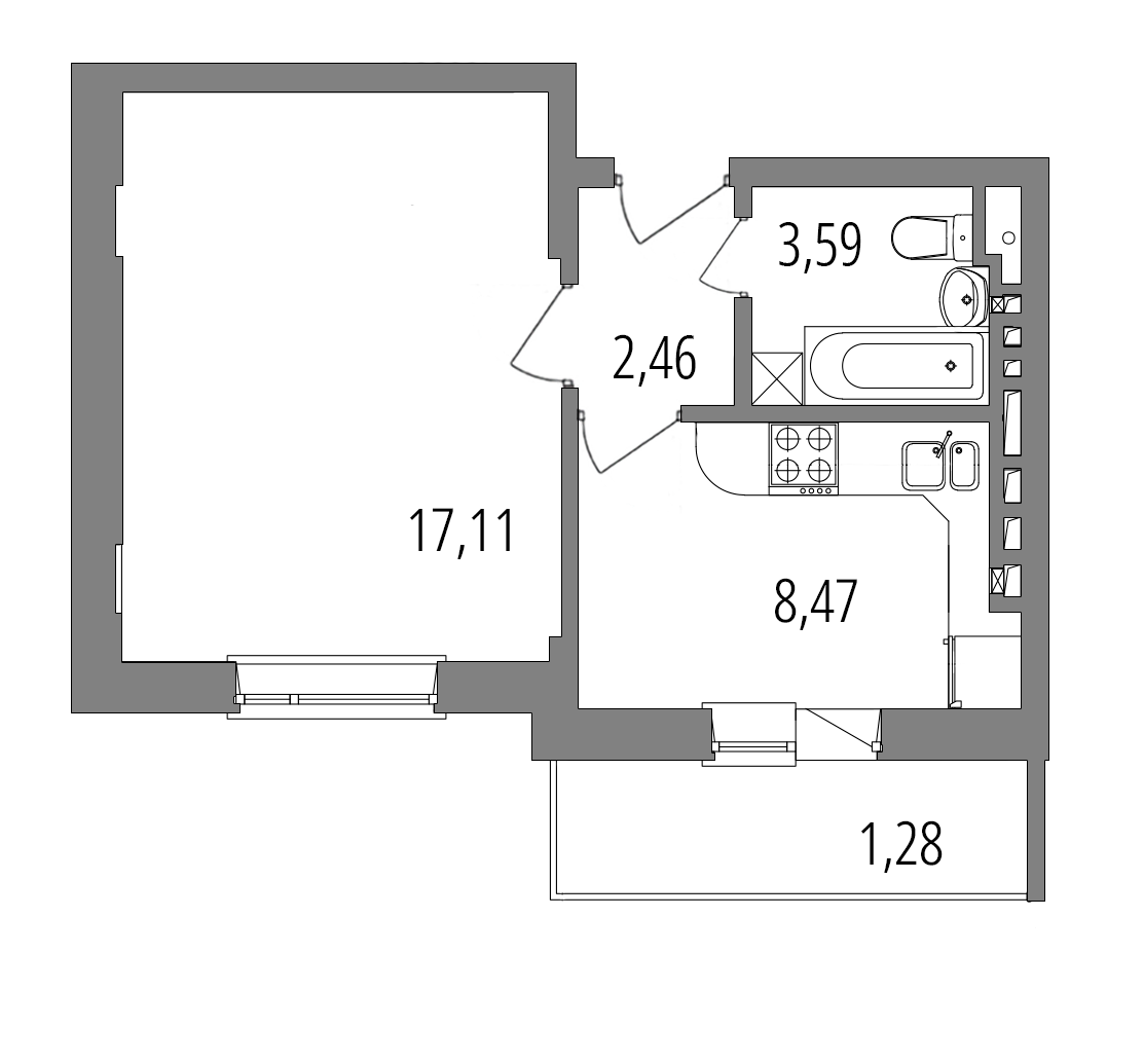 Планировка: 1-комнатная квартира, 32,9 м²