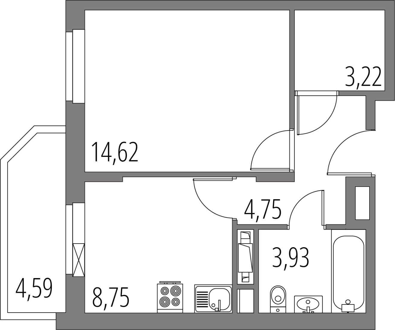 Планировка: 1-комнатная квартира, 37,6 м²