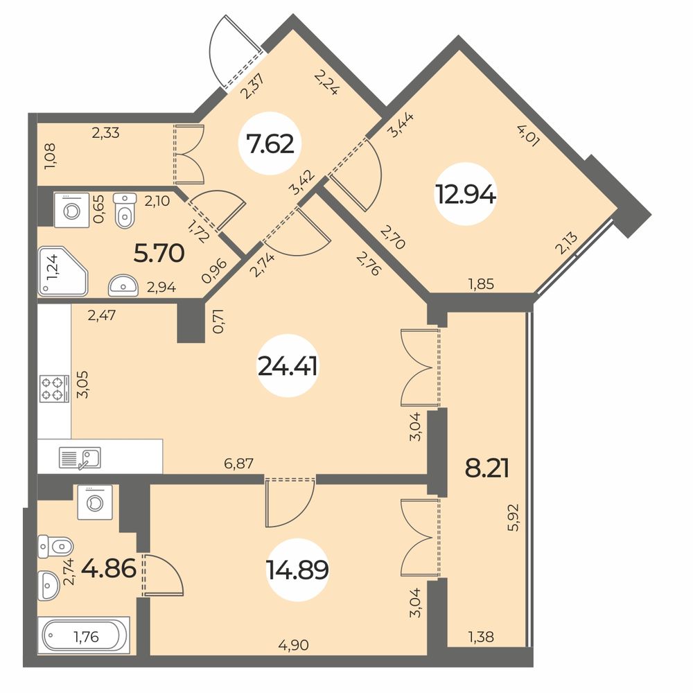 Планировка: 2-комнатная квартира, 74,5 м²