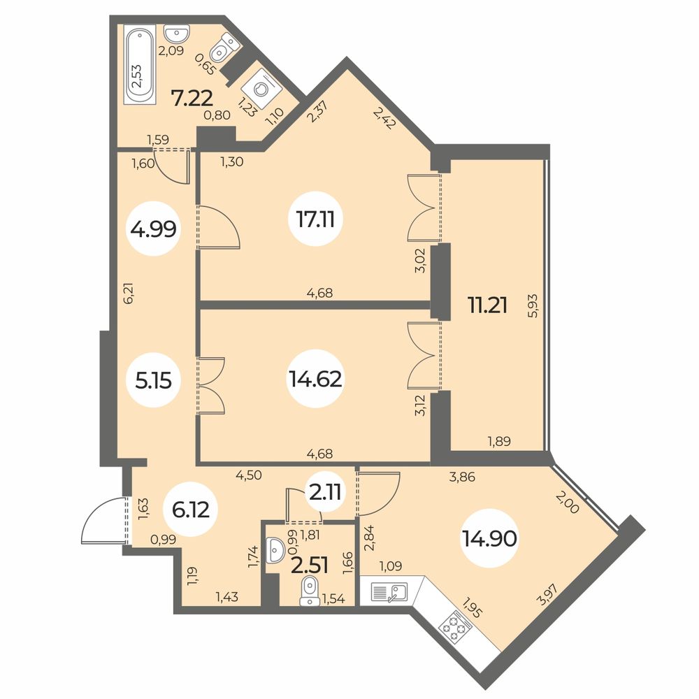 Планировка: 2-комнатная квартира, 80,3 м²