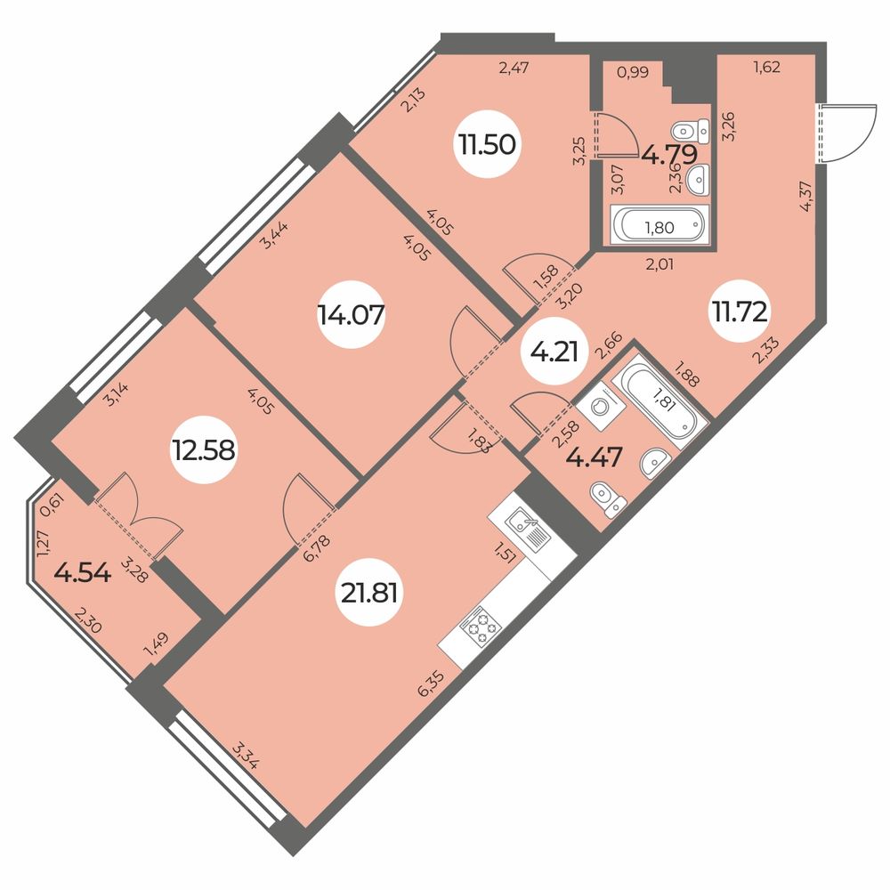 Планировка: 3-комнатная квартира, 87,4 м²