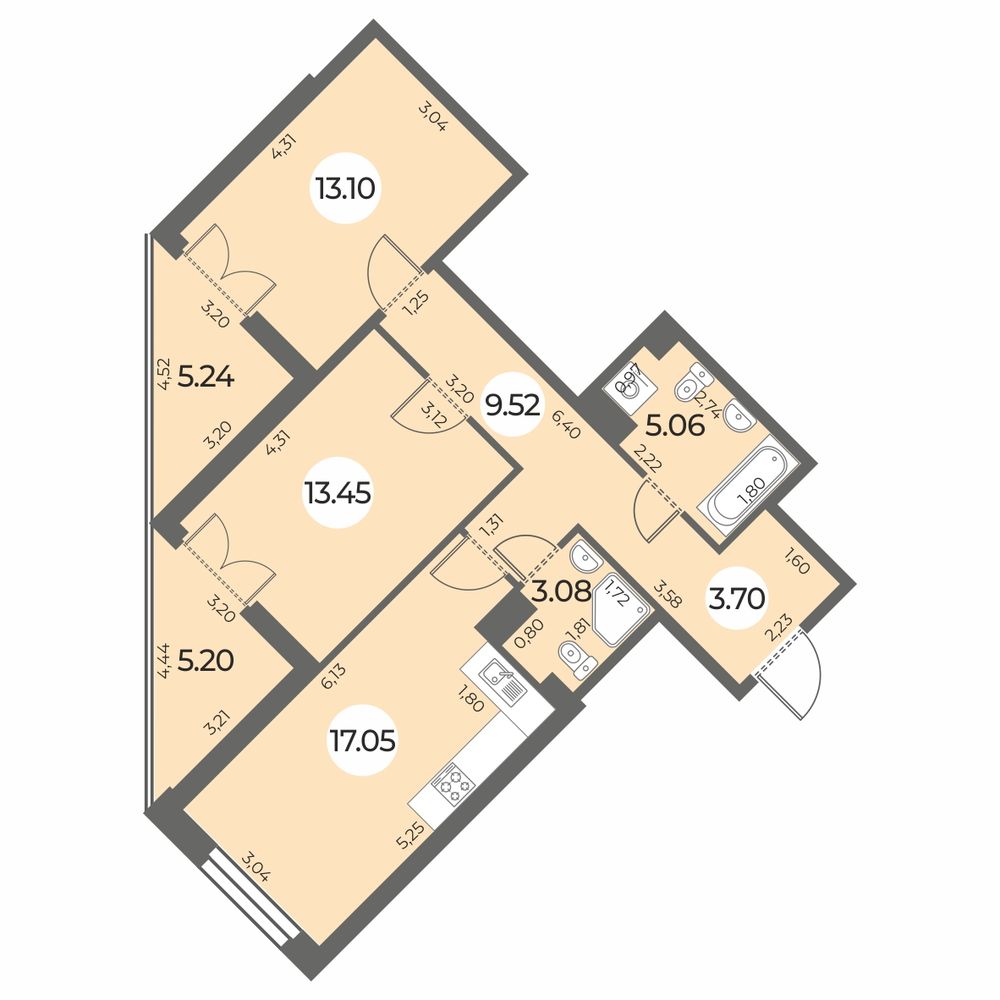 Планировка: 2-комнатная квартира, 70,2 м²