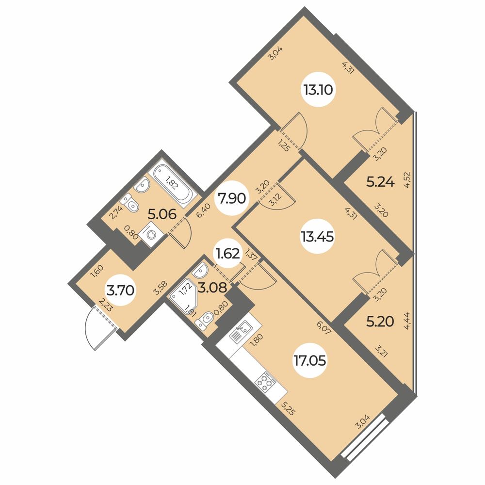 Планировка: 2-комнатная квартира, 70,2 м²
