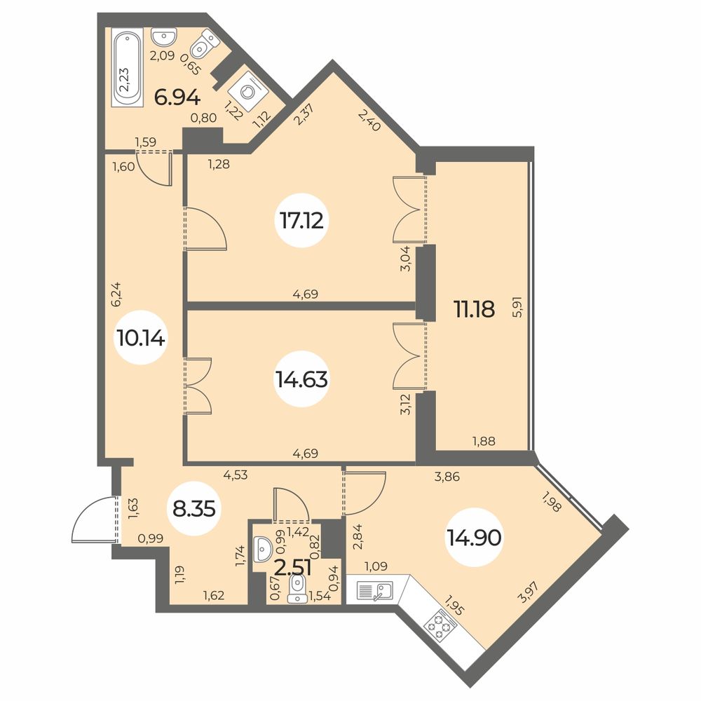 Планировка: 2-комнатная квартира, 80,2 м²