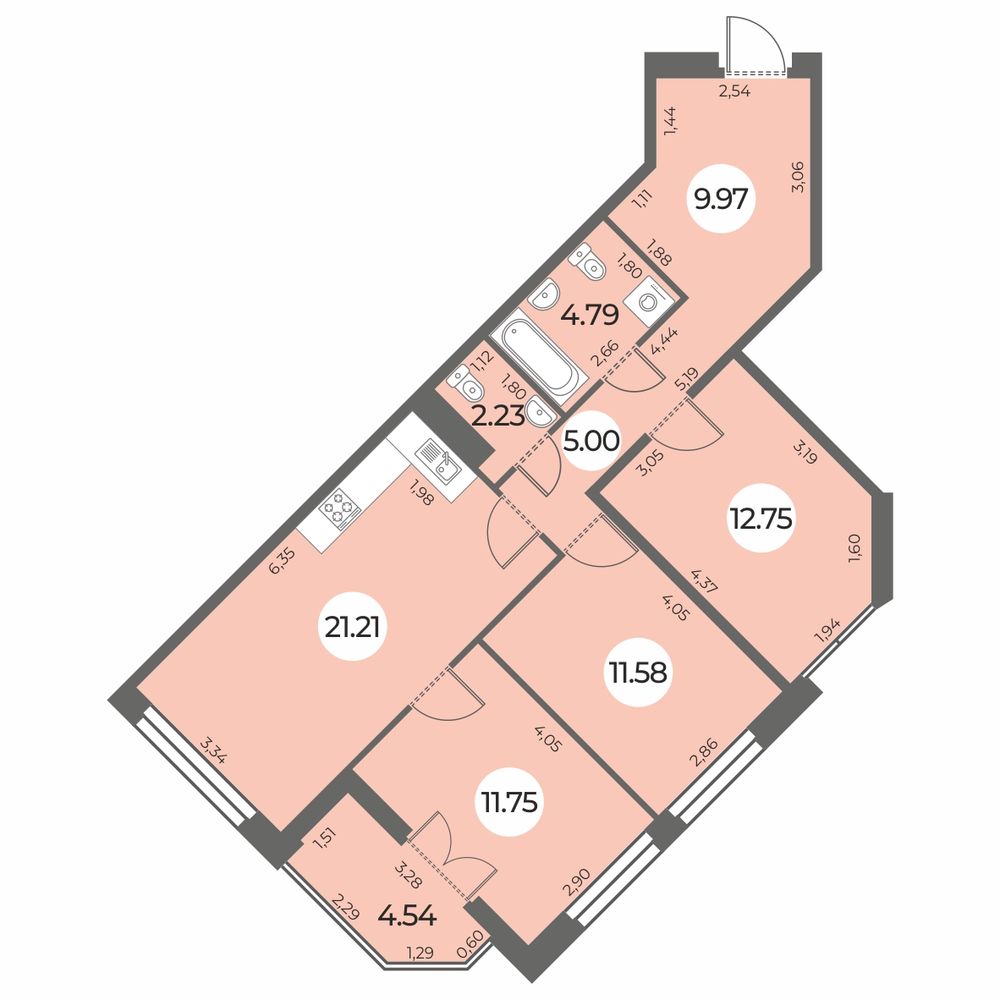 Планировка: 3-комнатная квартира, 81,6 м²