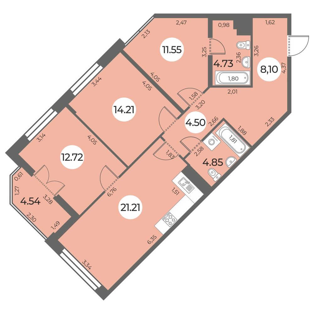 Планировка: 3-комнатная квартира, 84,1 м²