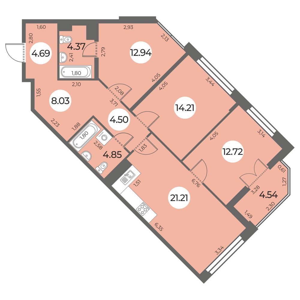 Планировка: 3-комнатная квартира, 89,8 м²