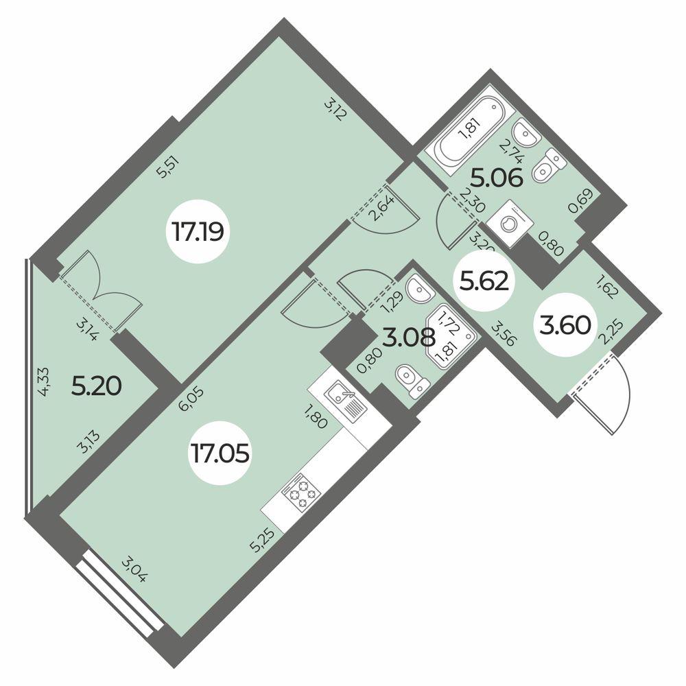 Планировка: 1-комнатная квартира, 54,2 м²