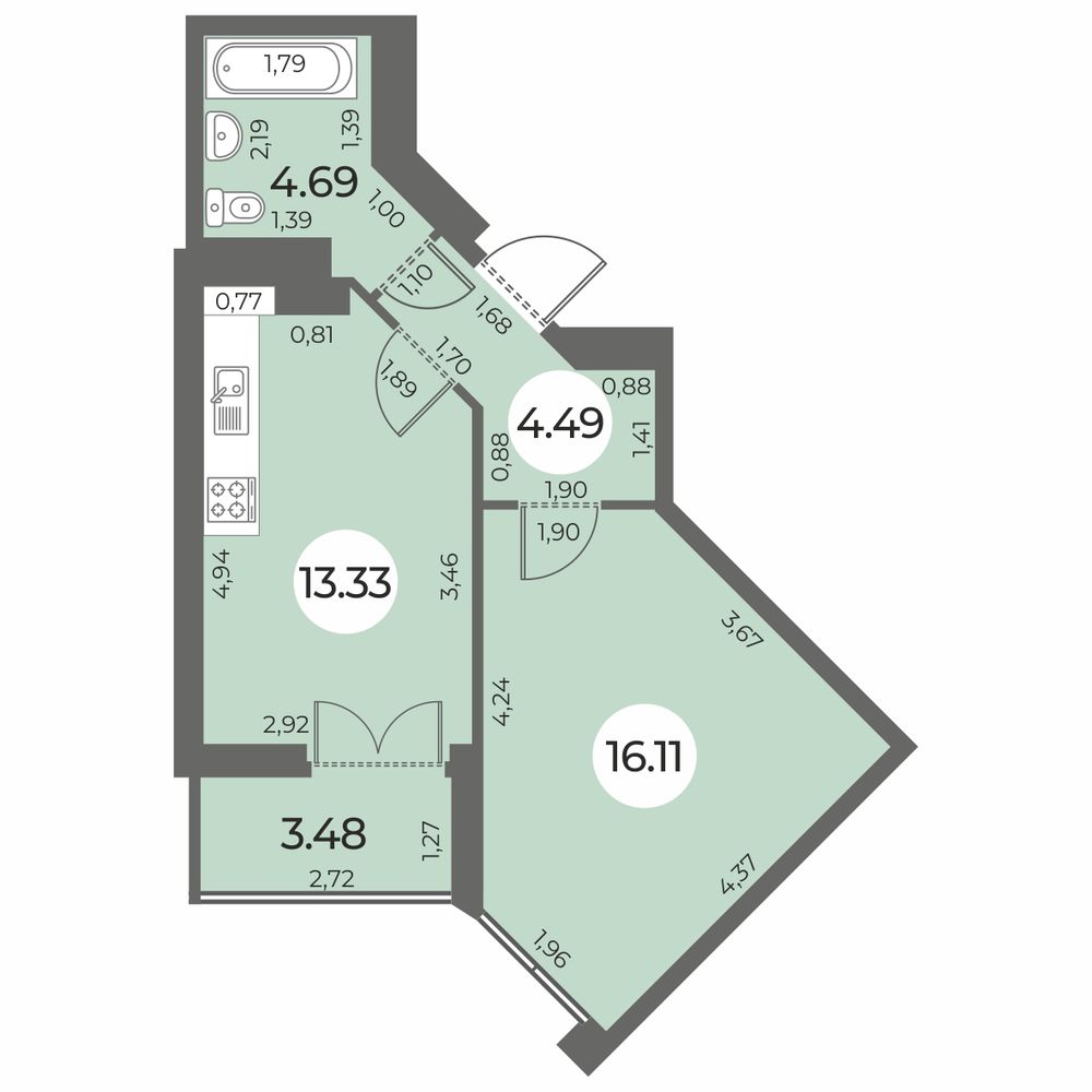Планировка: 1-комнатная квартира, 40,4 м²