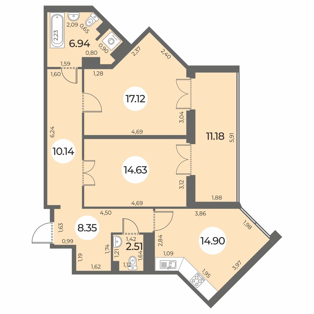 Планировка: 2-комнатная квартира, 80,2 м²