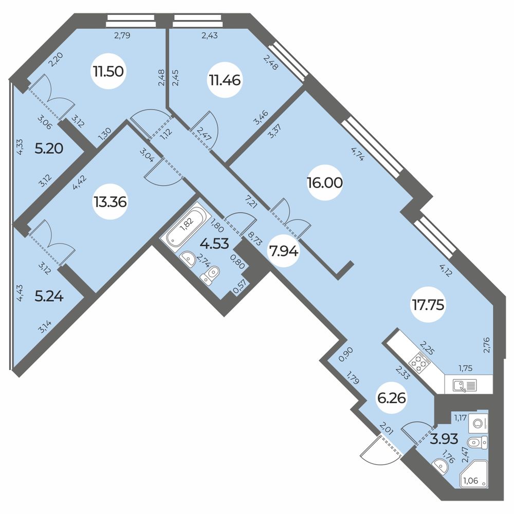 Планировка: 4-комнатная квартира, 98,0 м²