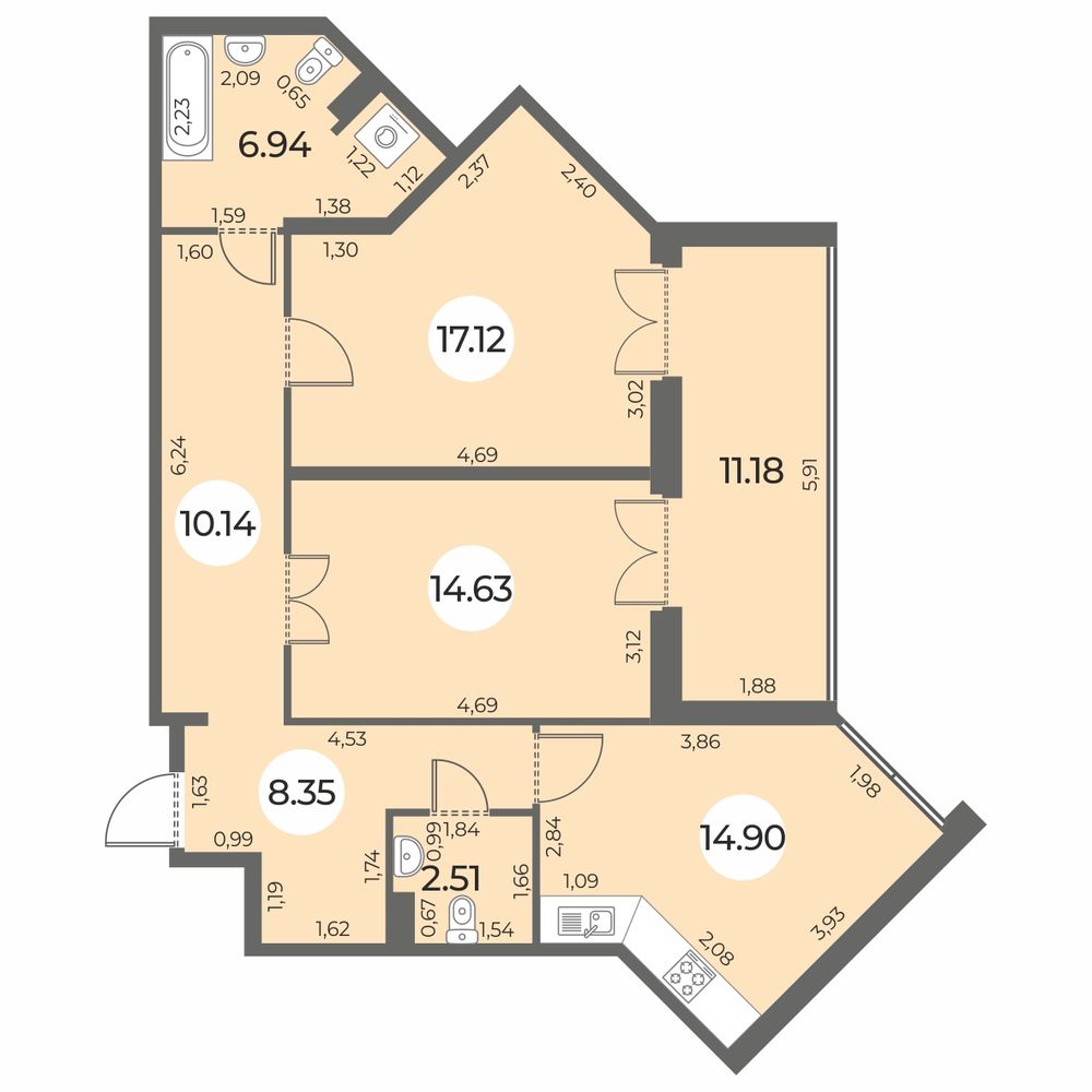Планировка: 2-комнатная квартира, 80,2 м²