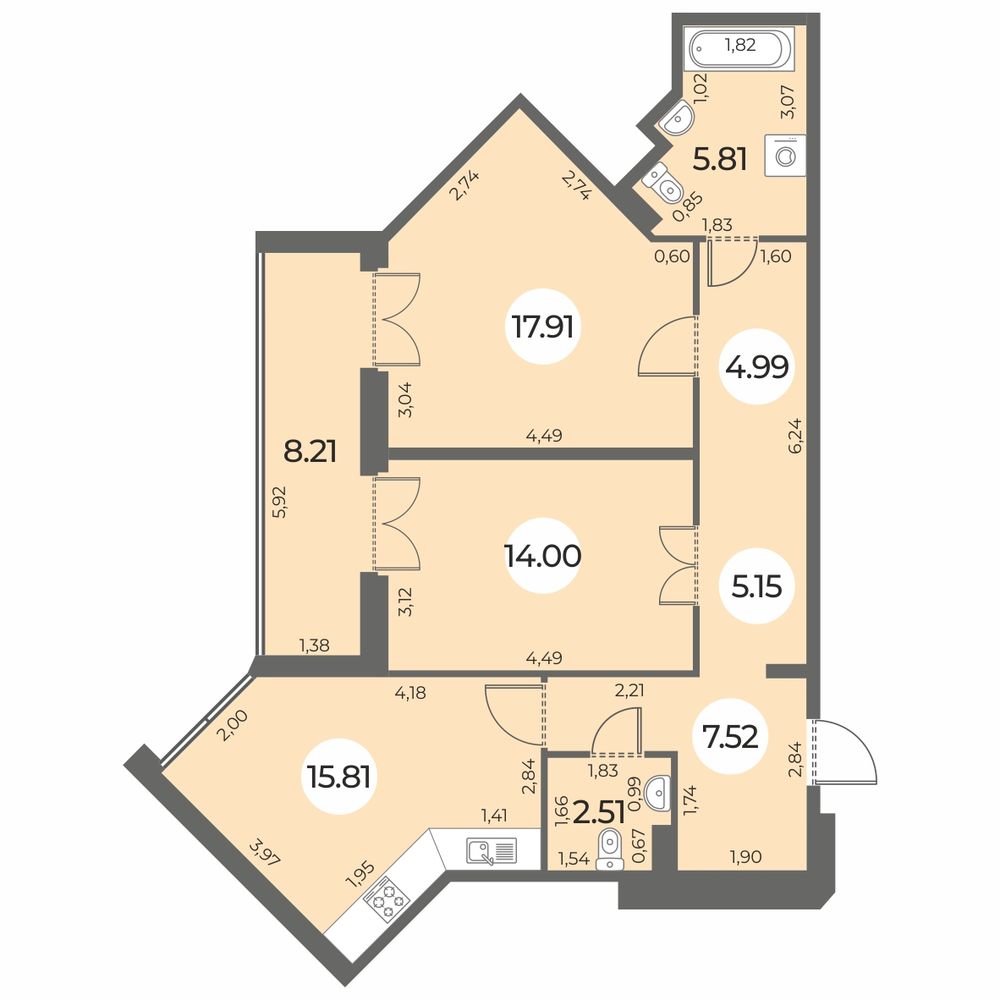 Планировка: 2-комнатная квартира, 77,8 м²