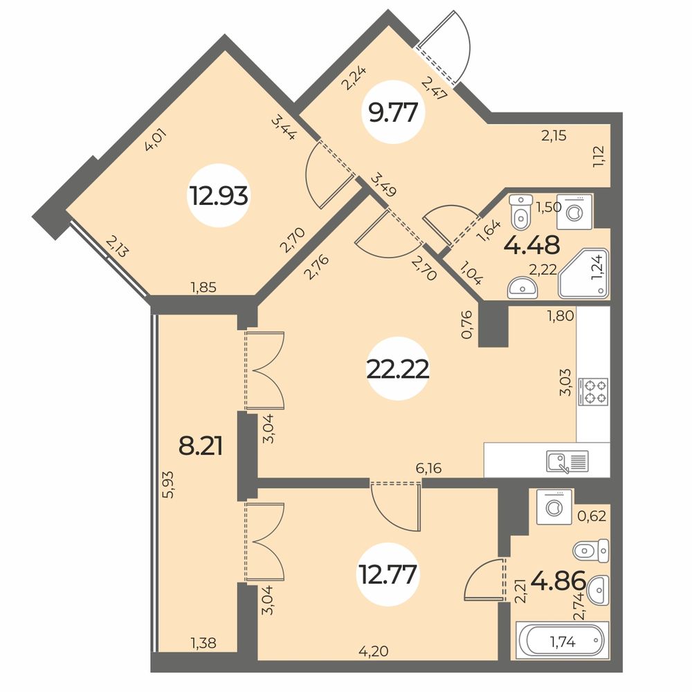 Планировка: 2-комнатная квартира, 71,1 м²