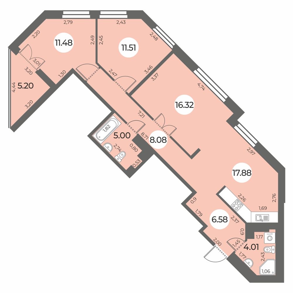 Планировка: 3-комнатная квартира, 83,5 м²