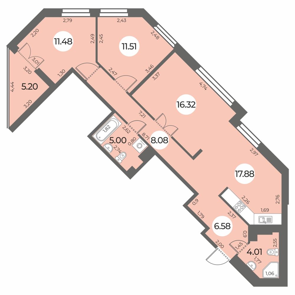 Планировка: 3-комнатная квартира, 83,5 м²