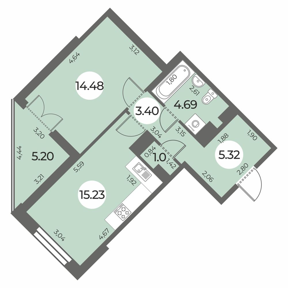 Планировка: 1-комнатная квартира, 46,7 м²
