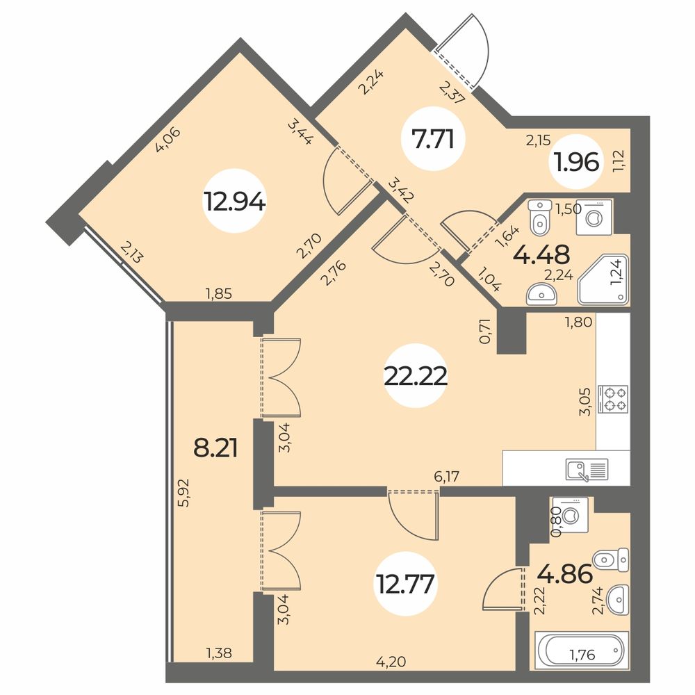 Планировка: 2-комнатная квартира, 71,1 м²