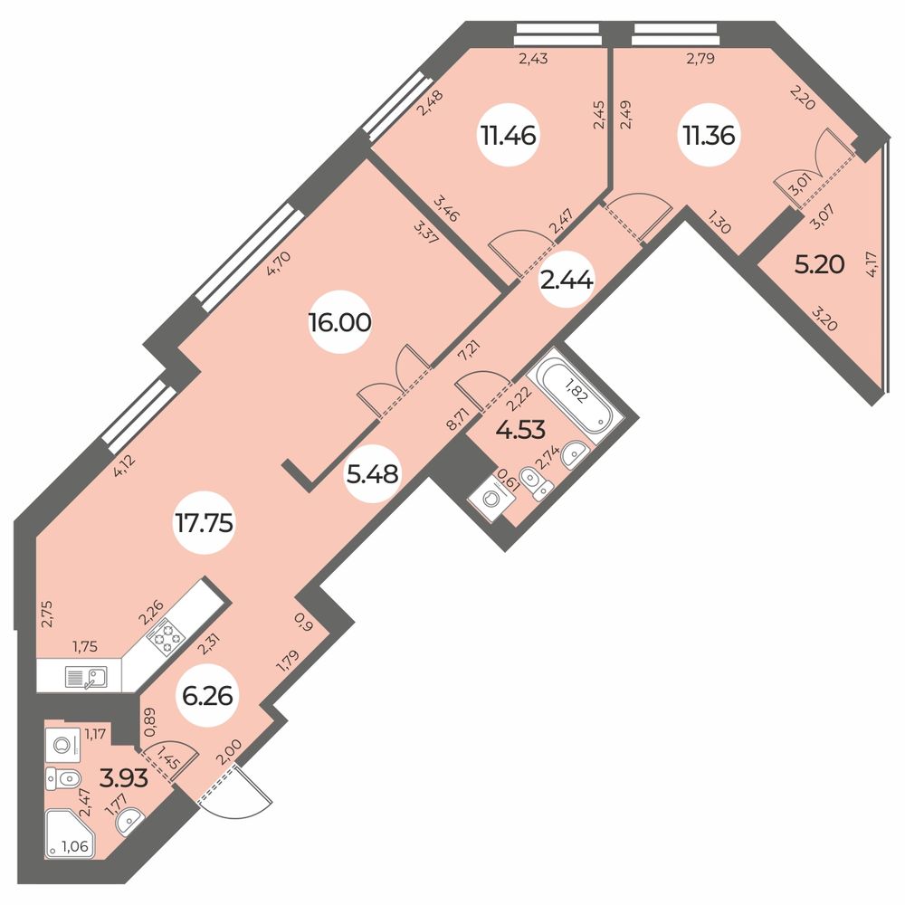 Планировка: 3-комнатная квартира, 81,8 м²