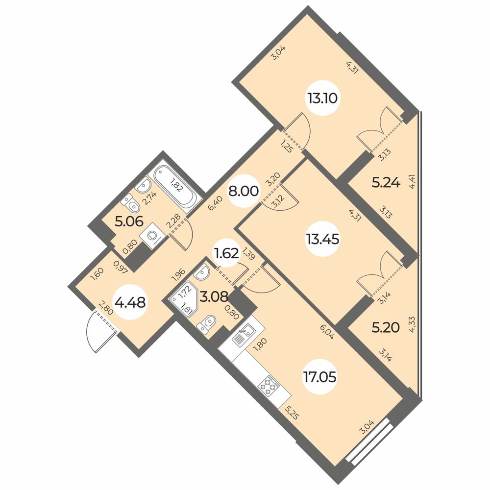 Планировка: 2-комнатная квартира, 71,1 м²