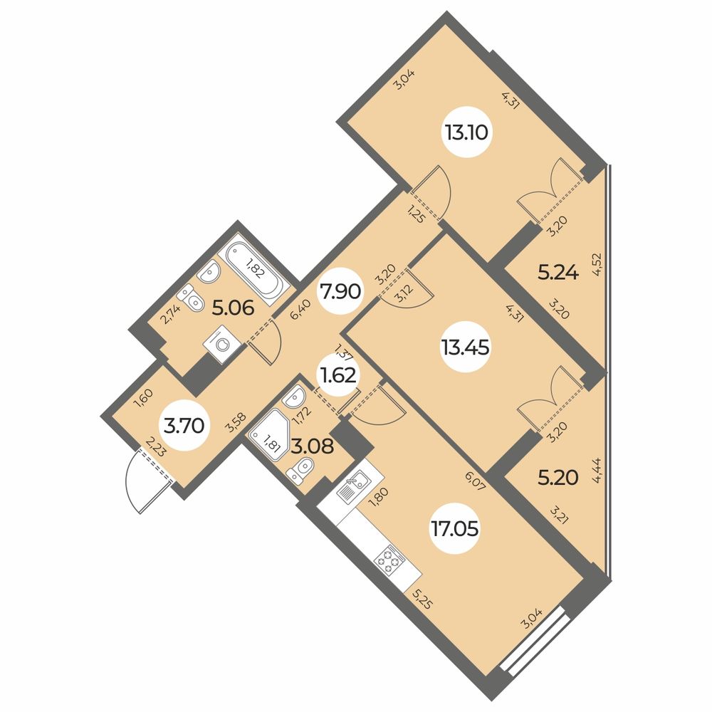 Планировка: 2-комнатная квартира, 70,2 м²