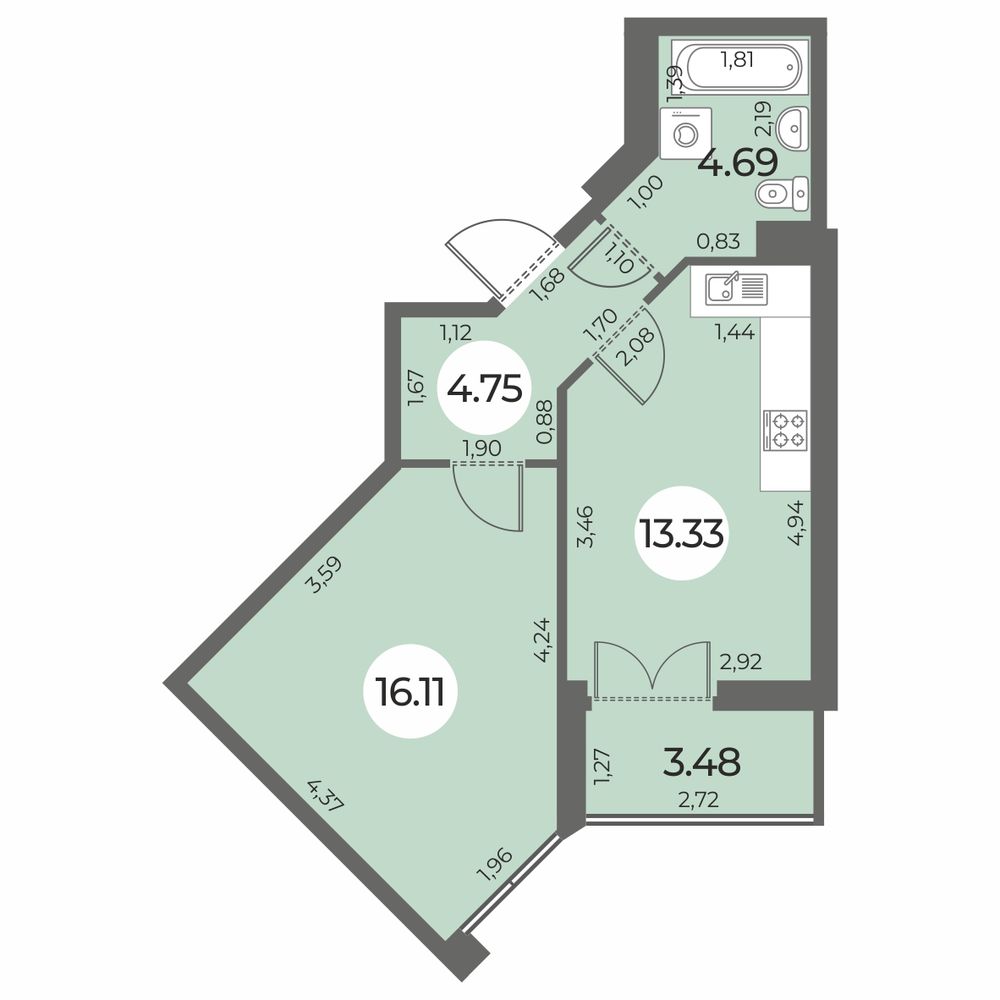 Планировка: 1-комнатная квартира, 40,6 м²