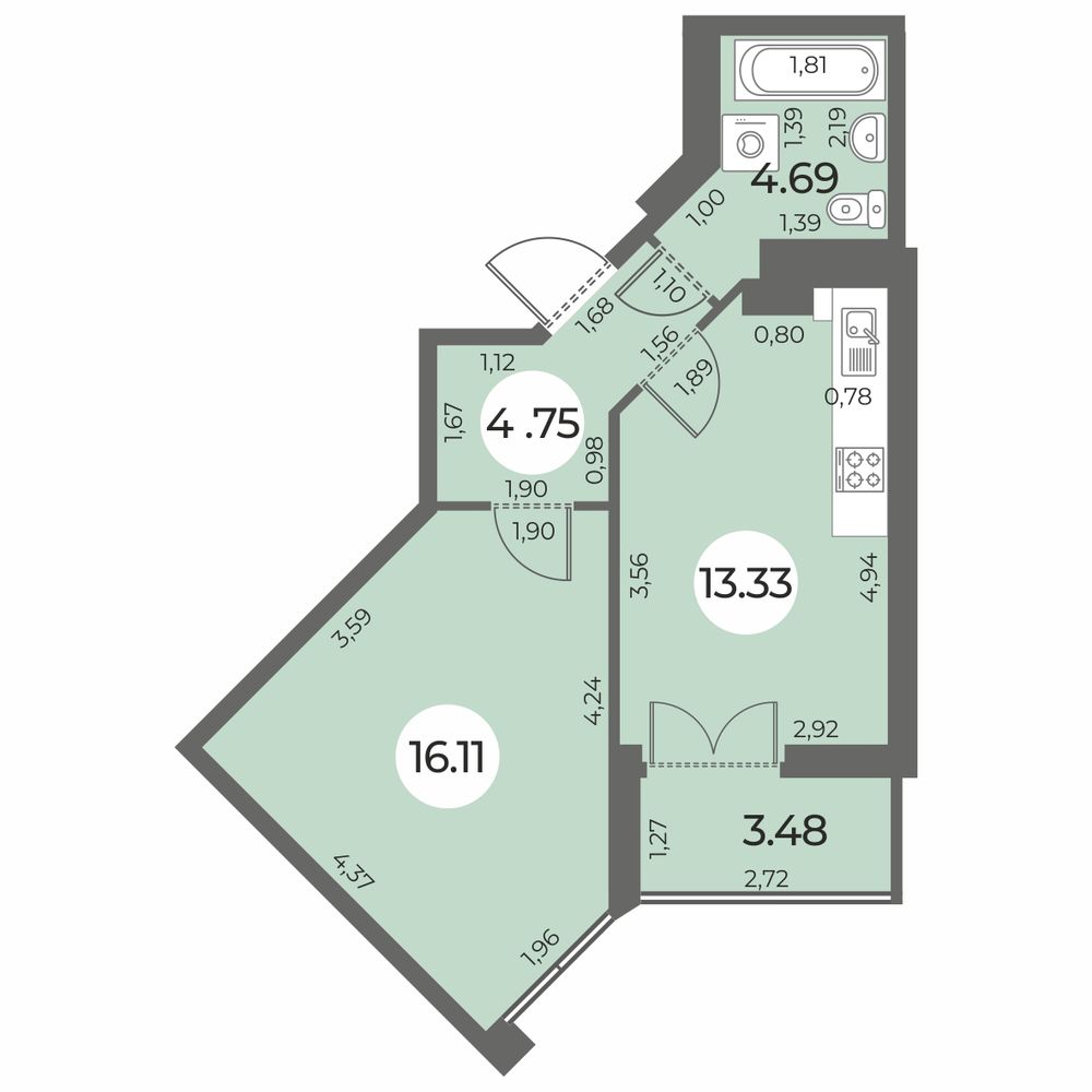 Планировка: 1-комнатная квартира, 40,6 м²