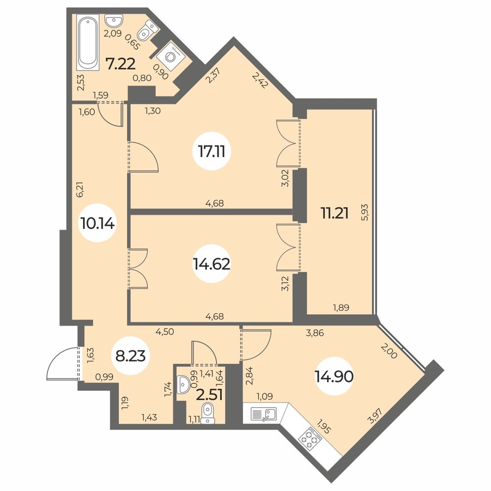 Планировка: 2-комнатная квартира, 80,3 м²