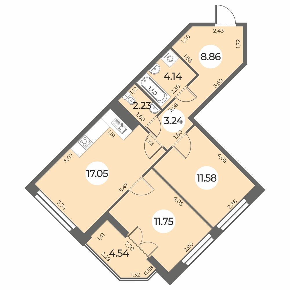 Планировка: 2-комнатная квартира, 61,1 м²