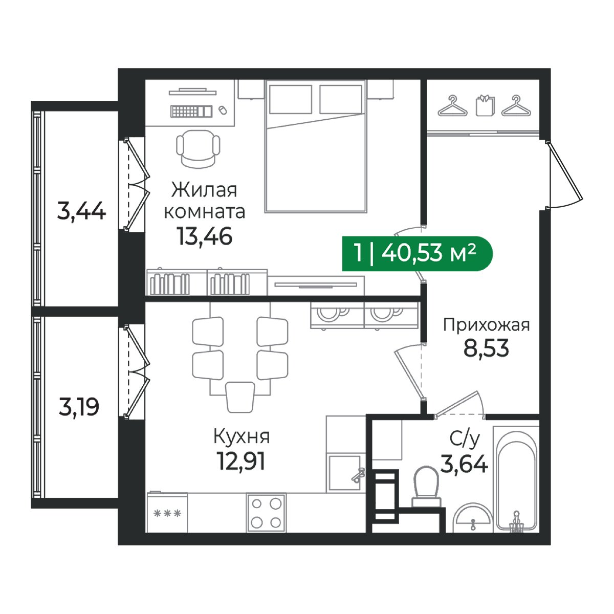 Планировка: 1-комнатная квартира, 40,5 м²