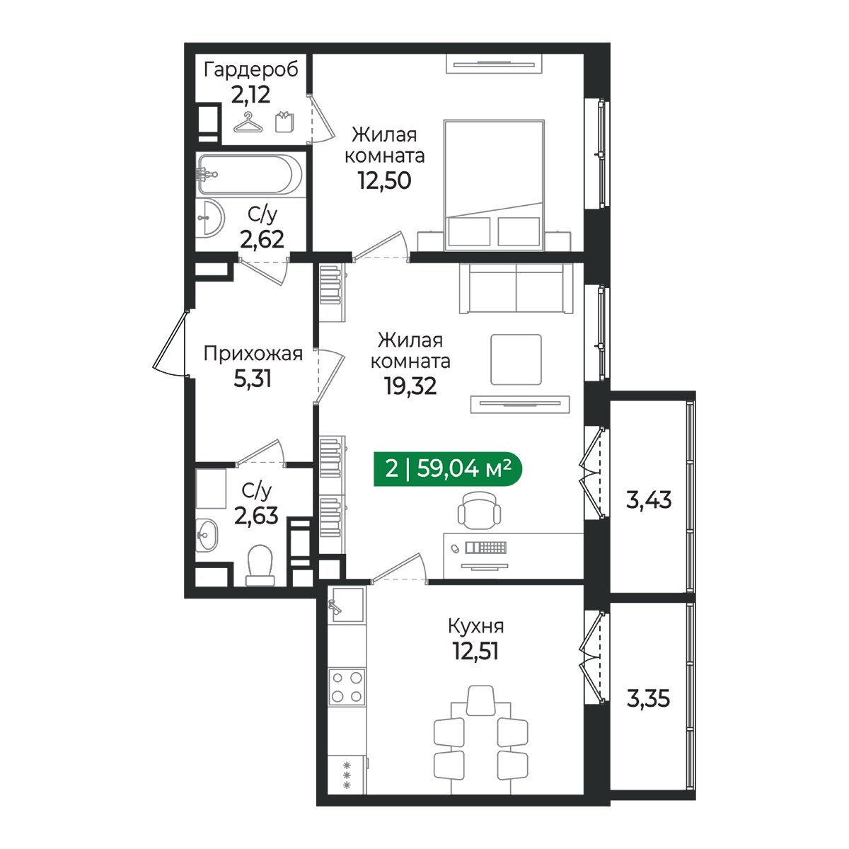 Планировка: 2-комнатная квартира, 59,0 м²