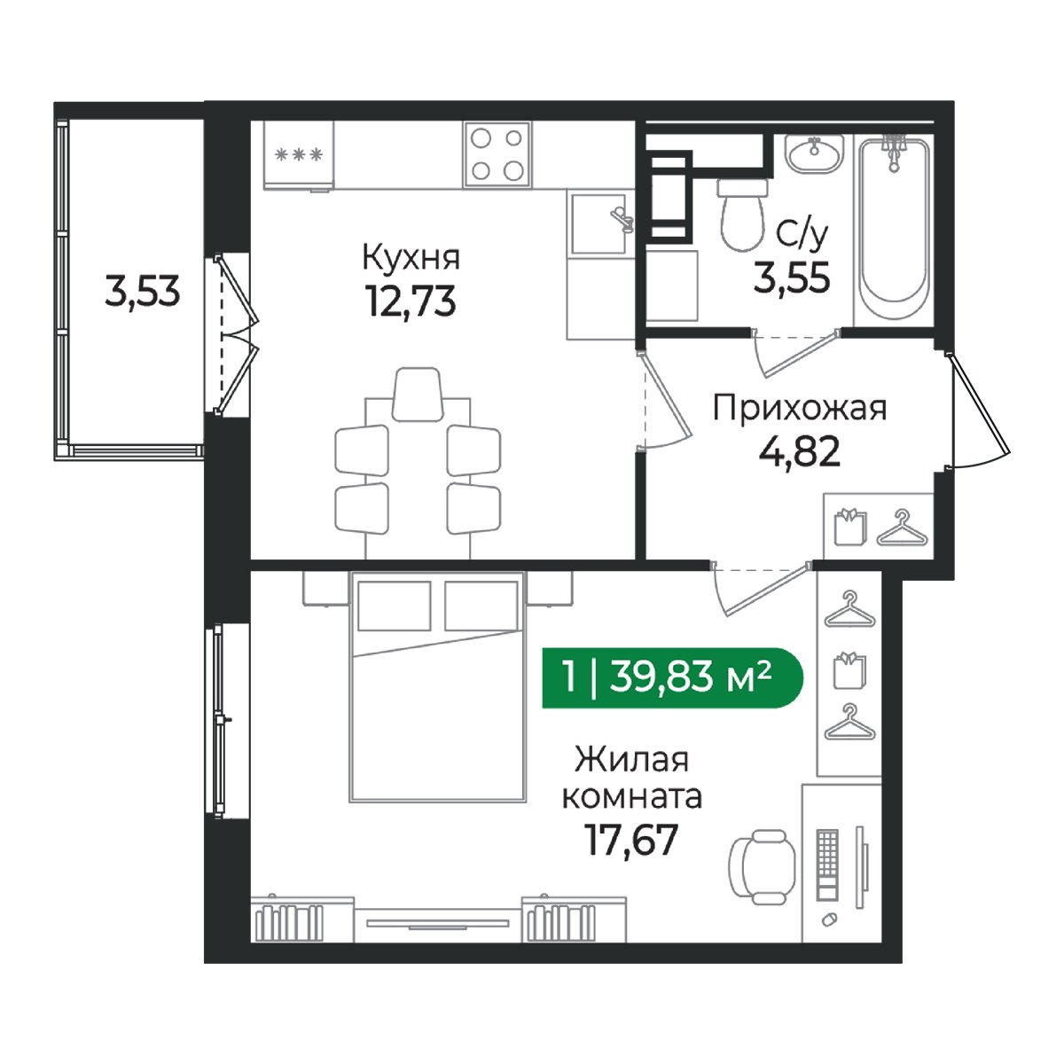 Планировка: 1-комнатная квартира, 39,8 м²