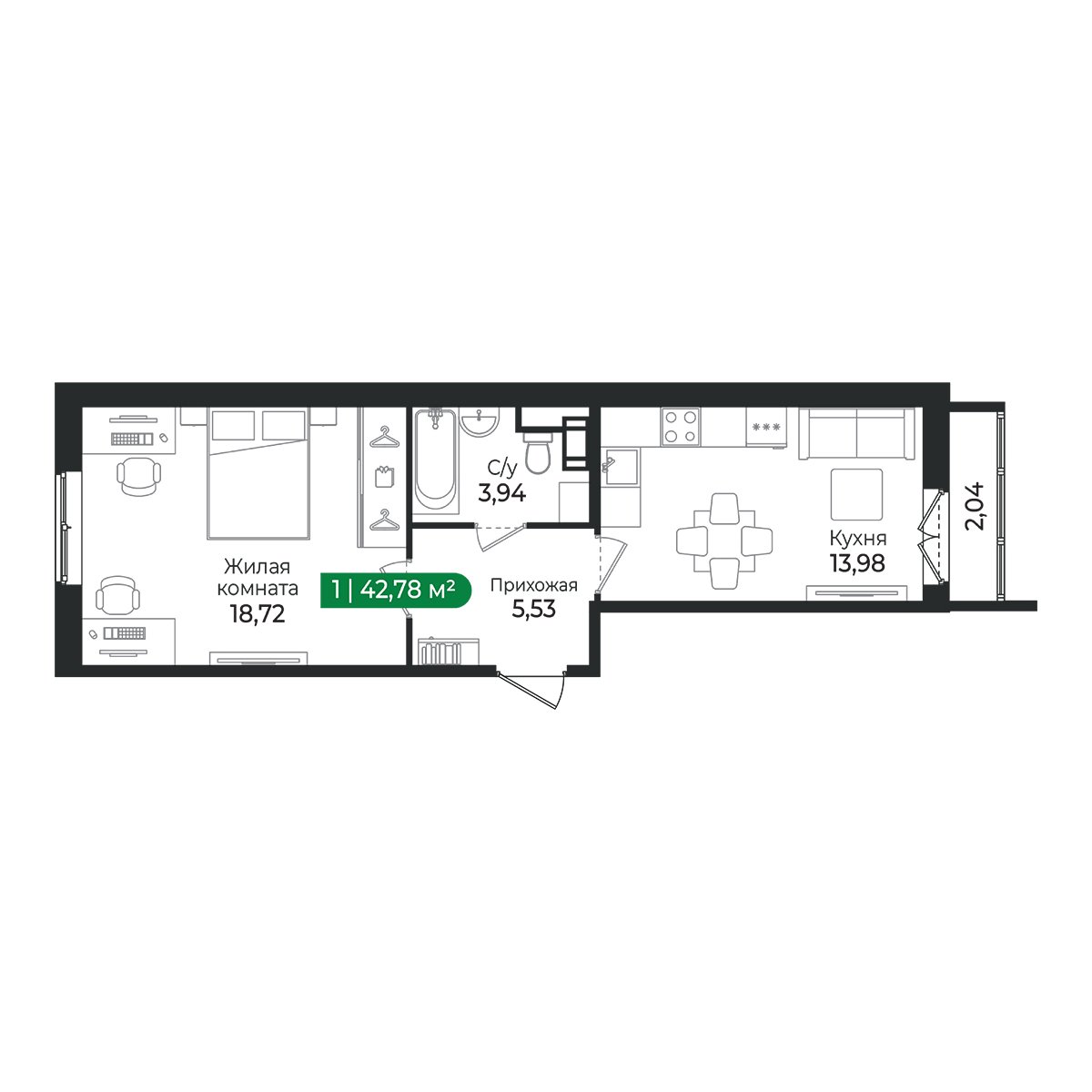 Планировка: 1-комнатная квартира, 42,8 м²