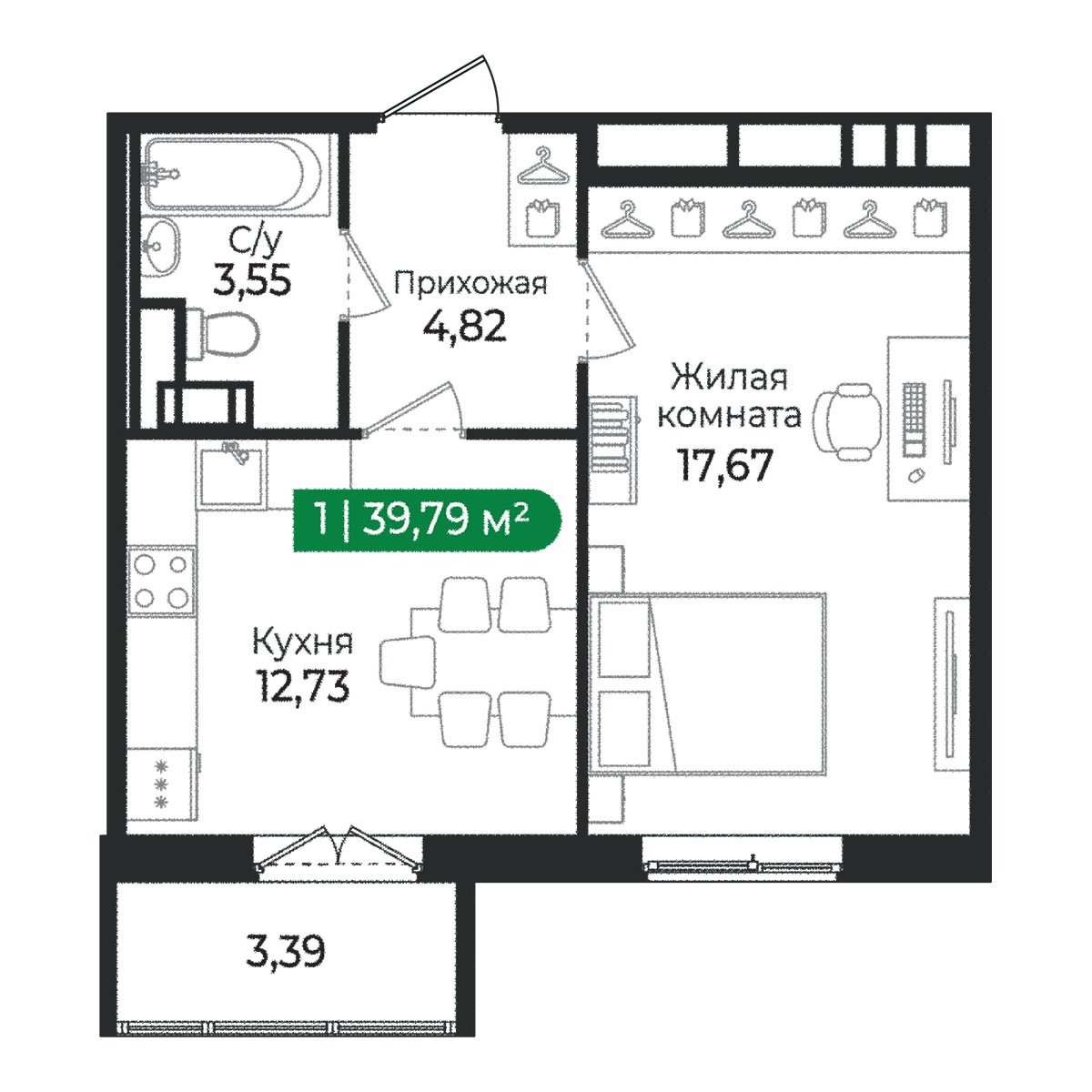 Планировка: 1-комнатная квартира, 39,8 м²