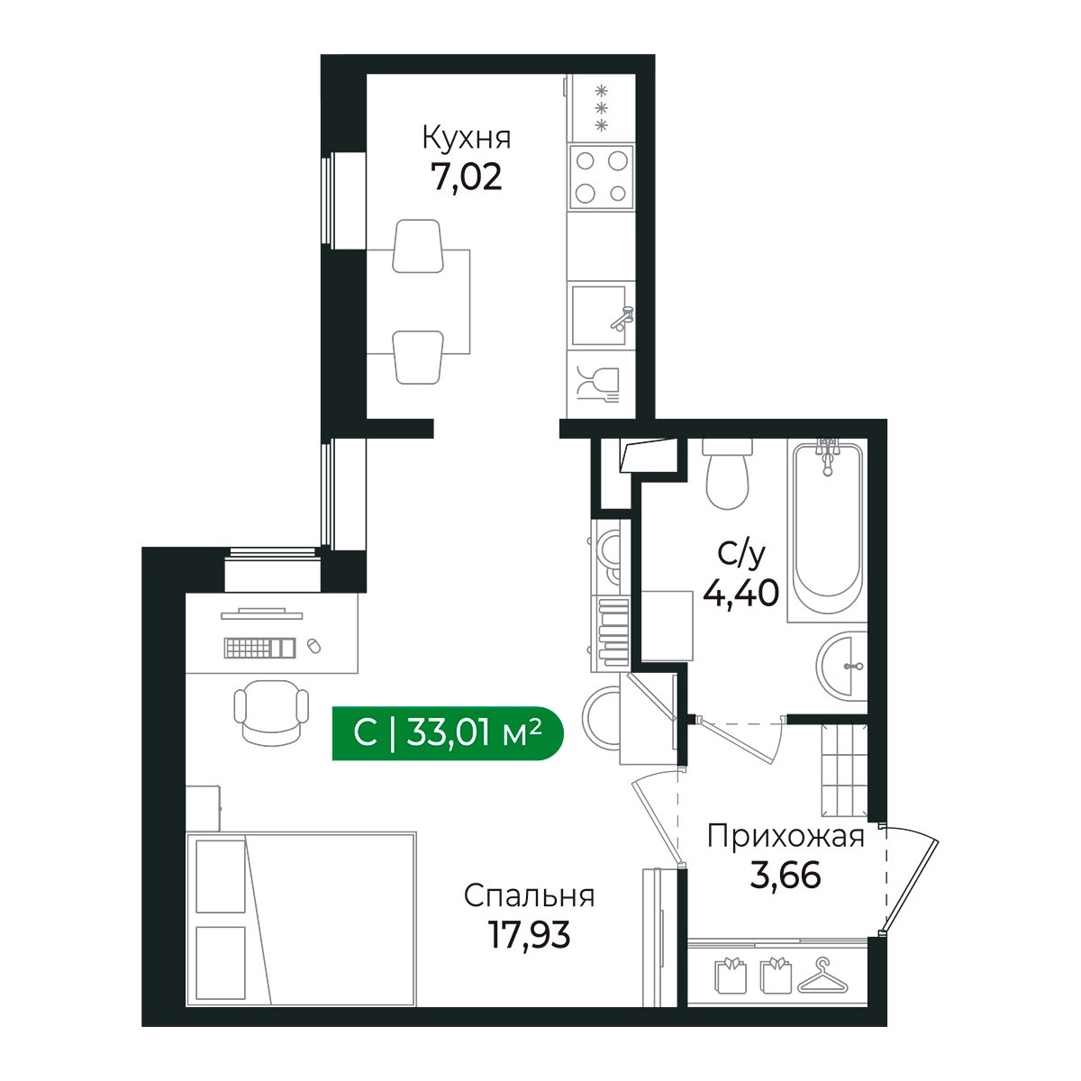 Планировка: студия, 32,9 м²