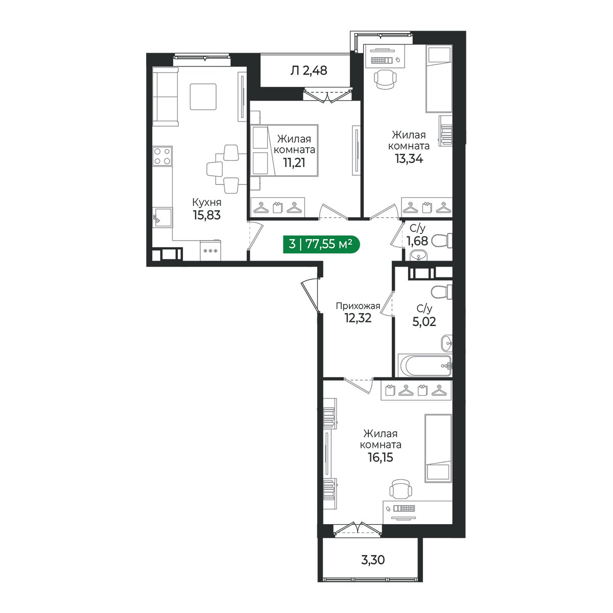 Планировка: 3-комнатная квартира, 77,6 м²
