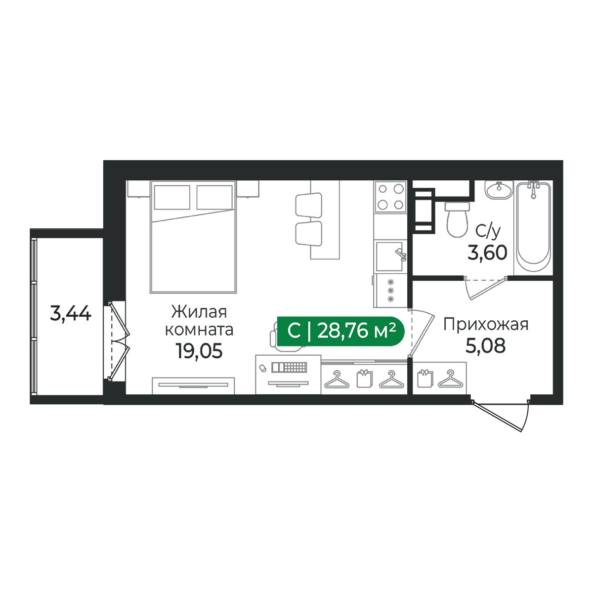 Планировка: студия, 28,8 м²