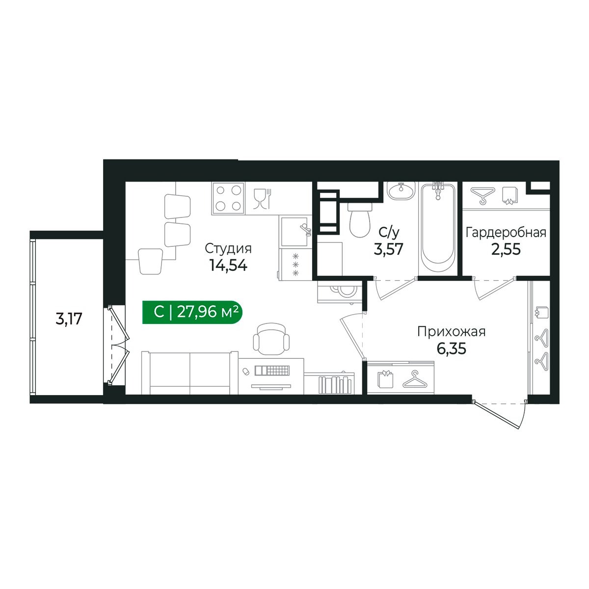 Планировка: студия, 26,8 м²