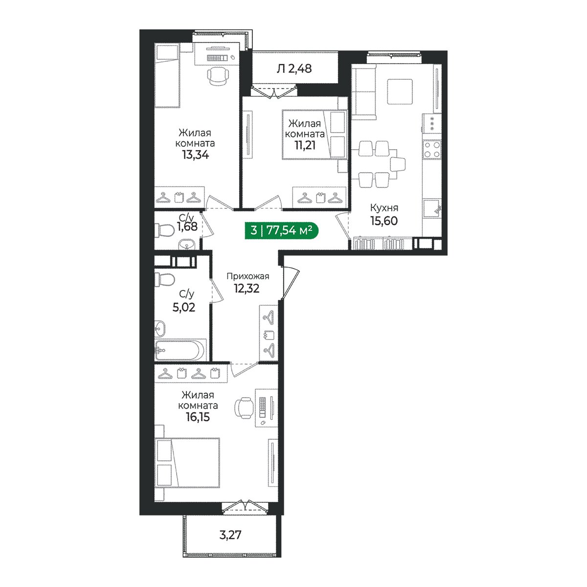 Планировка: 3-комнатная квартира, 77,5 м²