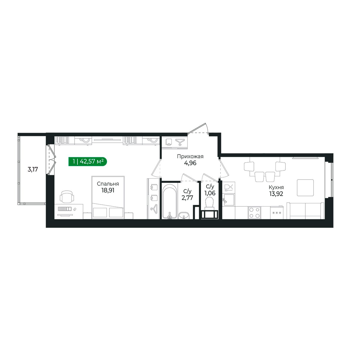 Планировка: 1-комнатная квартира, 41,6 м²