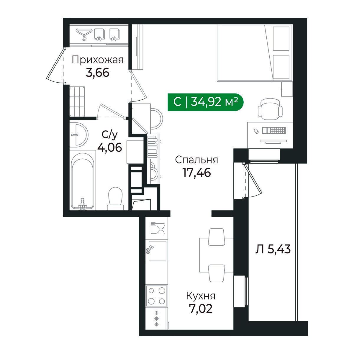 Планировка: студия, 31,4 м²