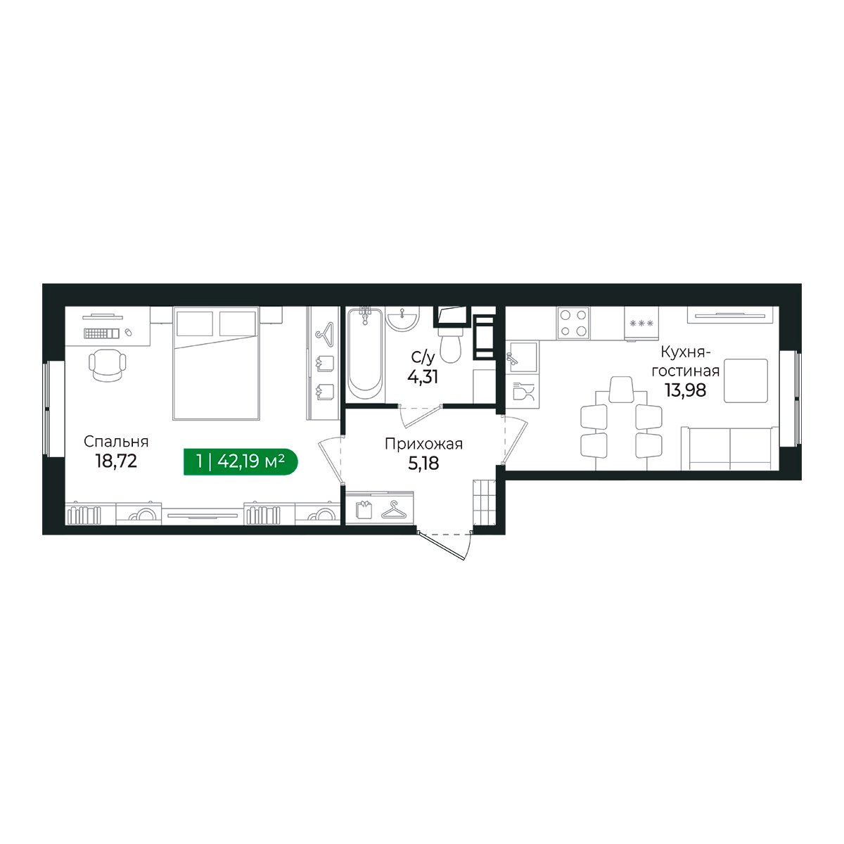 Планировка: 1-комнатная квартира, 41,9 м²