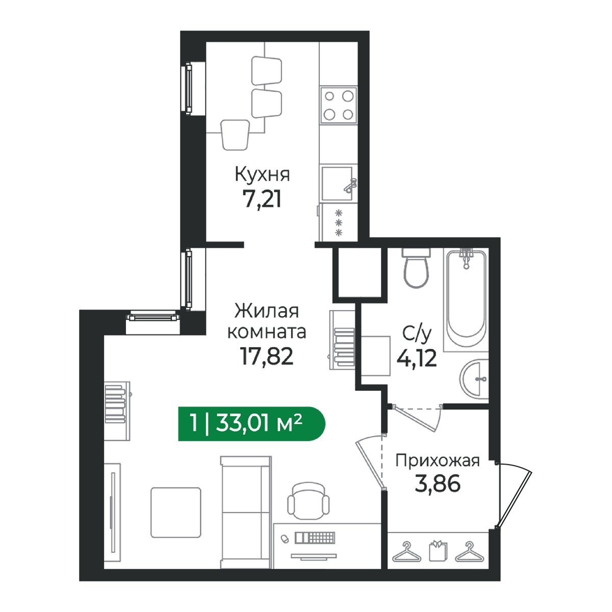 Планировка: 1-комнатная квартира, 33,0 м²