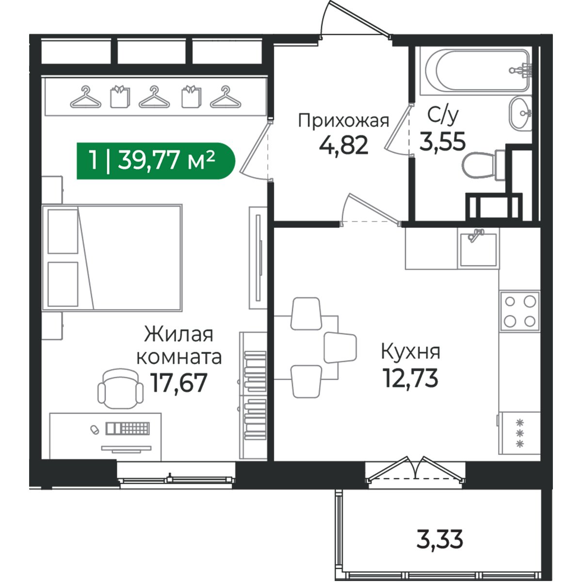 Планировка: 1-комнатная квартира, 39,8 м²