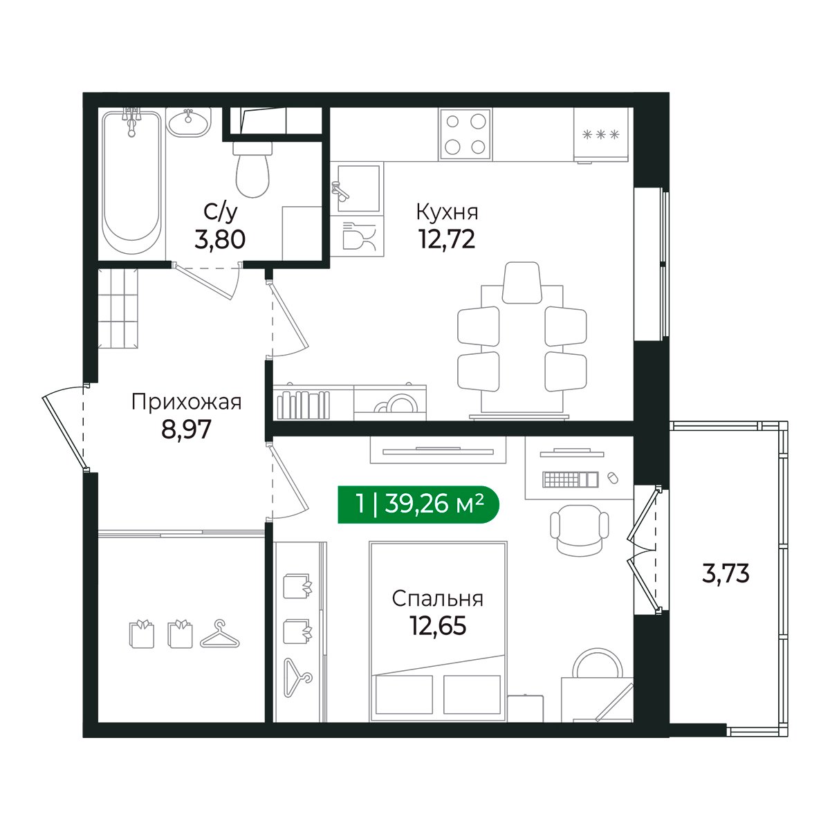 Планировка: 1-комнатная квартира, 37,9 м²