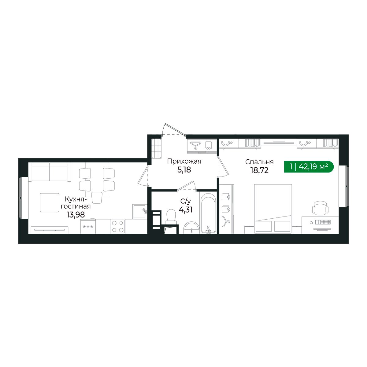 Планировка: 1-комнатная квартира, 41,8 м²