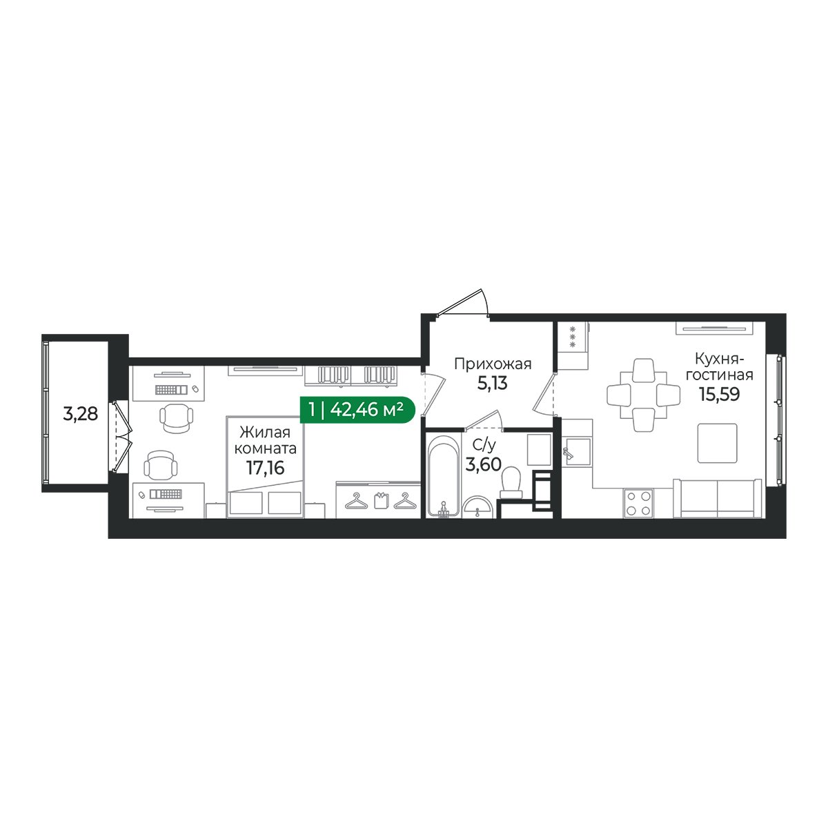 Планировка: 1-комнатная квартира, 42,5 м²