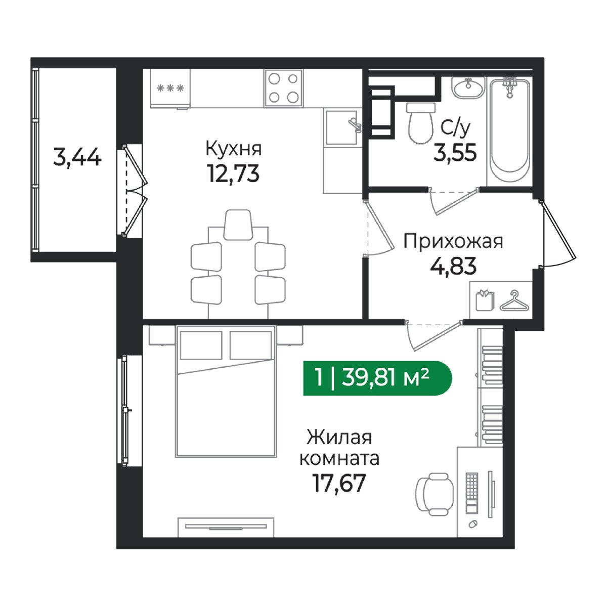 Планировка: 1-комнатная квартира, 39,8 м²