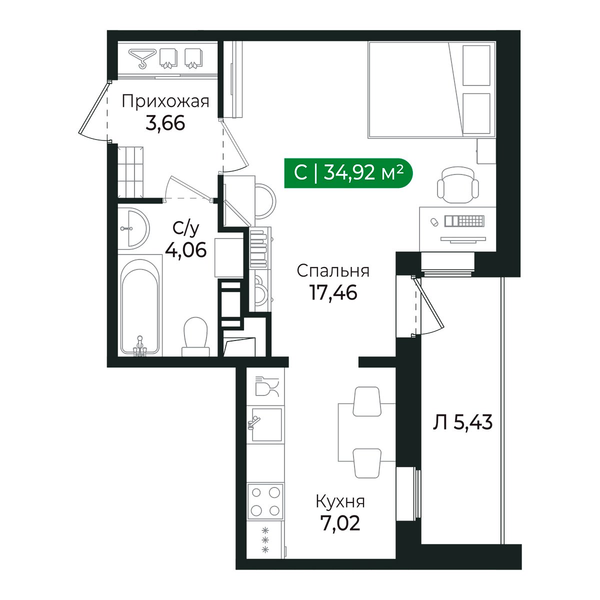 Планировка: студия, 31,7 м²